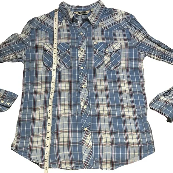 Salt Valley Western Plaid Snap Button Shirt Blue/Cream Long Sleeve Cotton Large - Picture 8 of 9